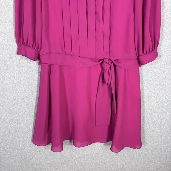 Vintage 80s Coco California Dress Medium Midi Pleated Drop Waist Bow Fuchsia USA - Picture 3 of 11
